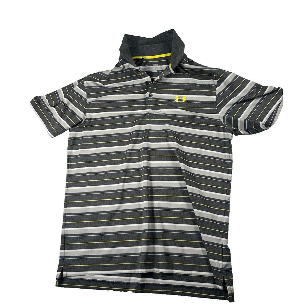 Under Armour HeatGear Men’s Polo Shirt L Regular Loose Gray White Yellow Stripe